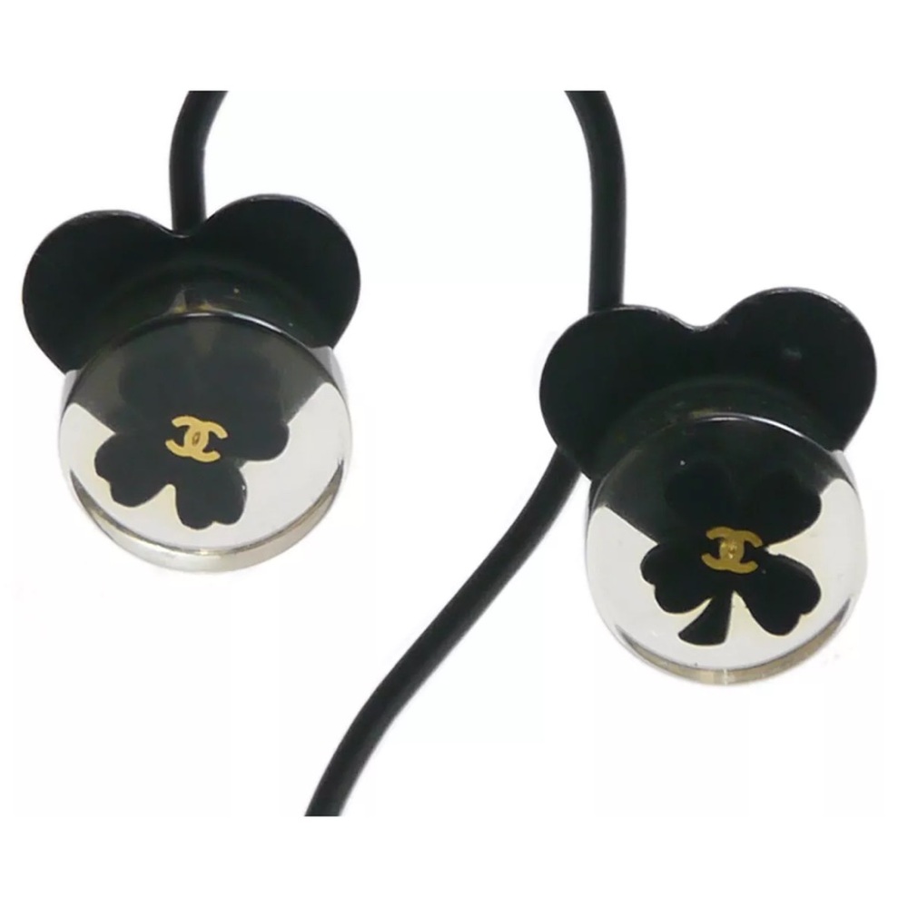 ☘️CHANEL Four Leaf Clover CC Logo Pierced Earrings Gold Black Round Vintage - Picture 4 of 6